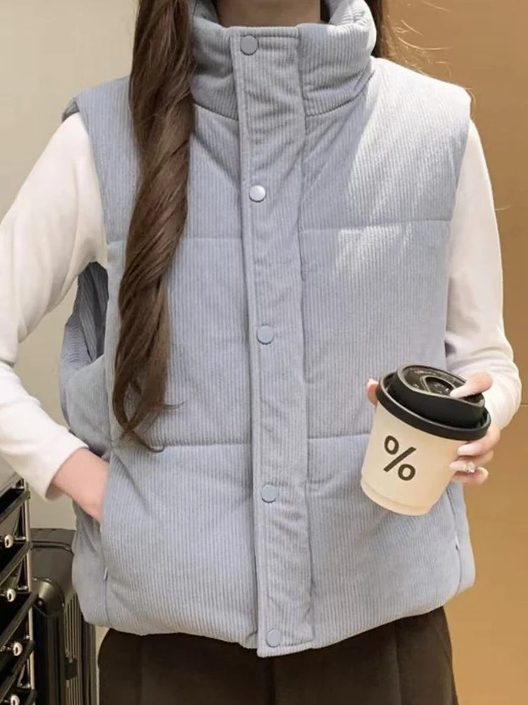 Sweet Retro Corduroy Vest Women Stand Collar Loose Preppy Style Buttons Vest Coat Fall Winter Vintage All Match Solid Jacket Top