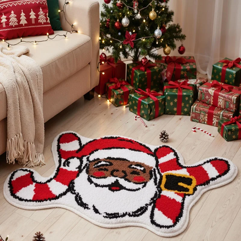 VIKAMA Xmas Santa Shaped Rug Candy Cane Design Anti Slip Water Absorb Carpet For Kids Room Entryway Christmas Party Decoration