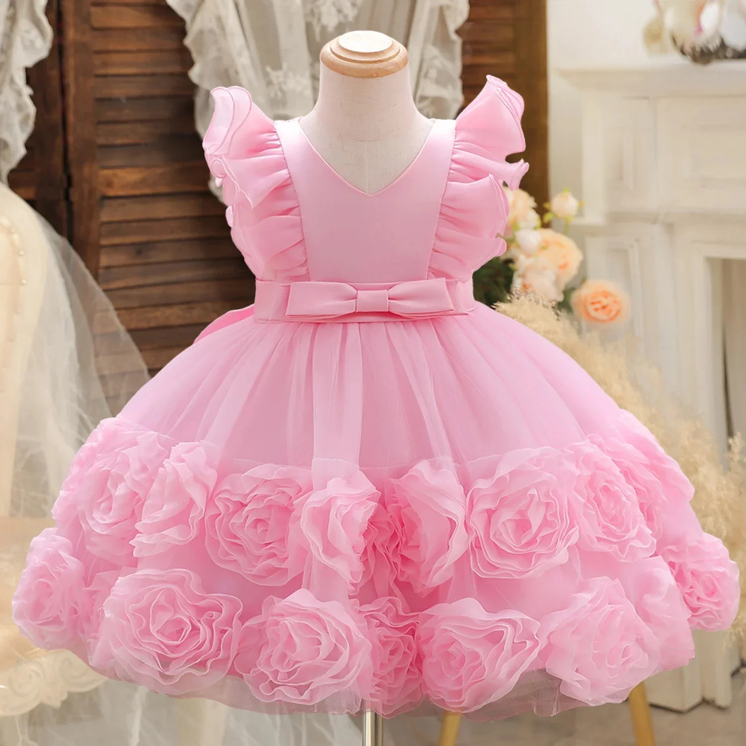 0-5Y Baptisms Mesh Dresses For Girls Flying Sleeves Appliques Bow Princess Birthday Puffy Dress Flower Dresses For Wedding Gown