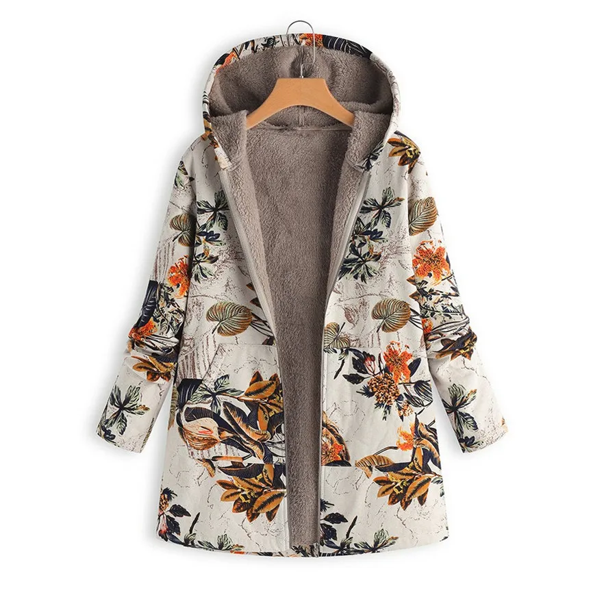 Printed Hooded Long Sleeve Coat Oversized Vintage Women Autumn Winter Warm Plush Jacket Casual Ladies Clothes