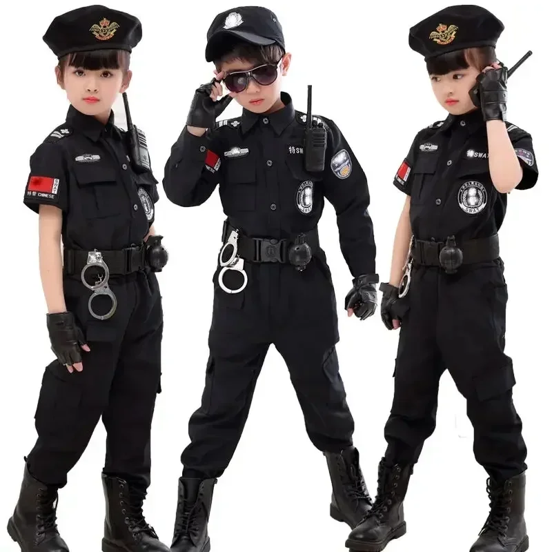 Nowy mundur dla dzieci Kostiumy policyjne Cosplay Dzieci Policja Top Spodnie Kapelusz Sukienka Chłopcy Dziewczynki Odzież policyjna Halloween