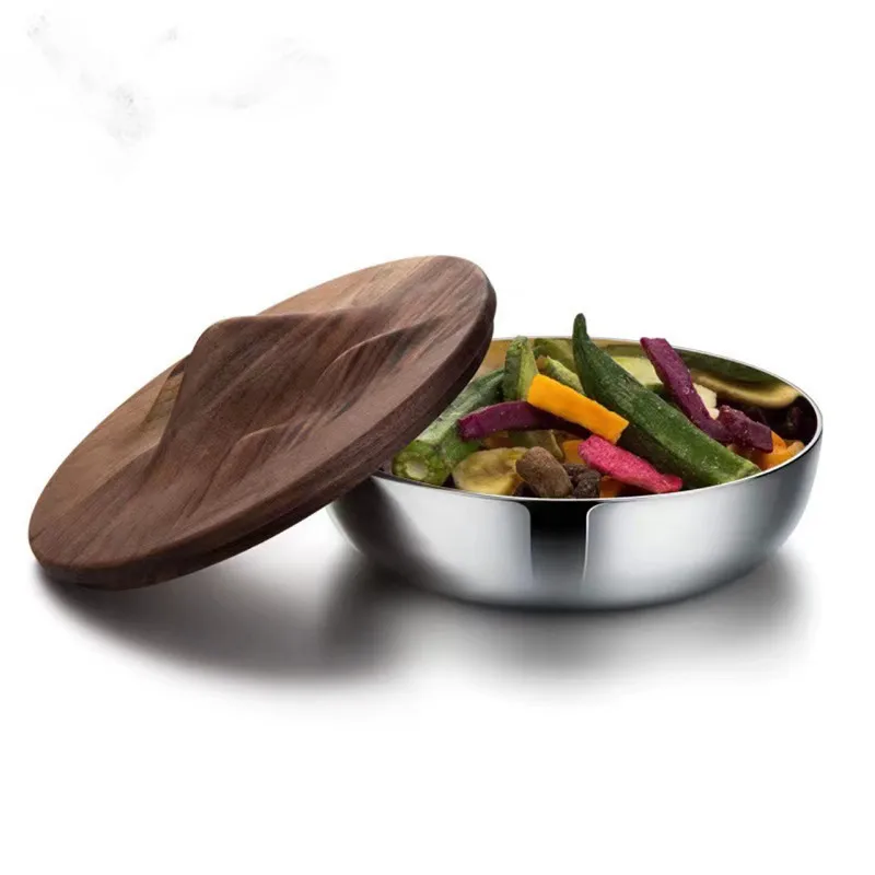 Living Room Dining Table Decoration, Stainless Steel Bowl with Walnut Lid, Metal Fruit Plate, Candy Jar, Kitchen Storage Box