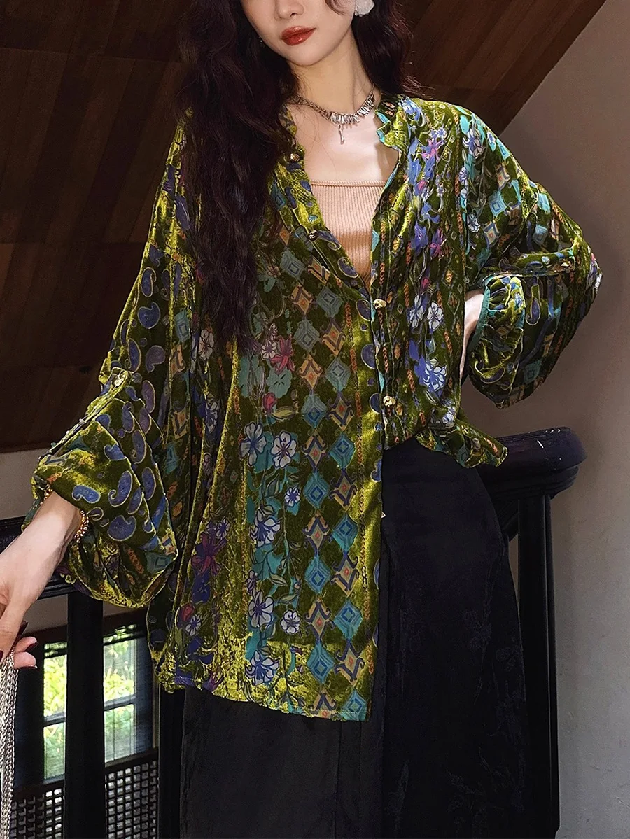 

New Chinese Style Velvet Floral Shirt Women's Jacket Outerwear Trendy 2025 Spring Autumn Seasonal Nylon Fabric Long Sleeve