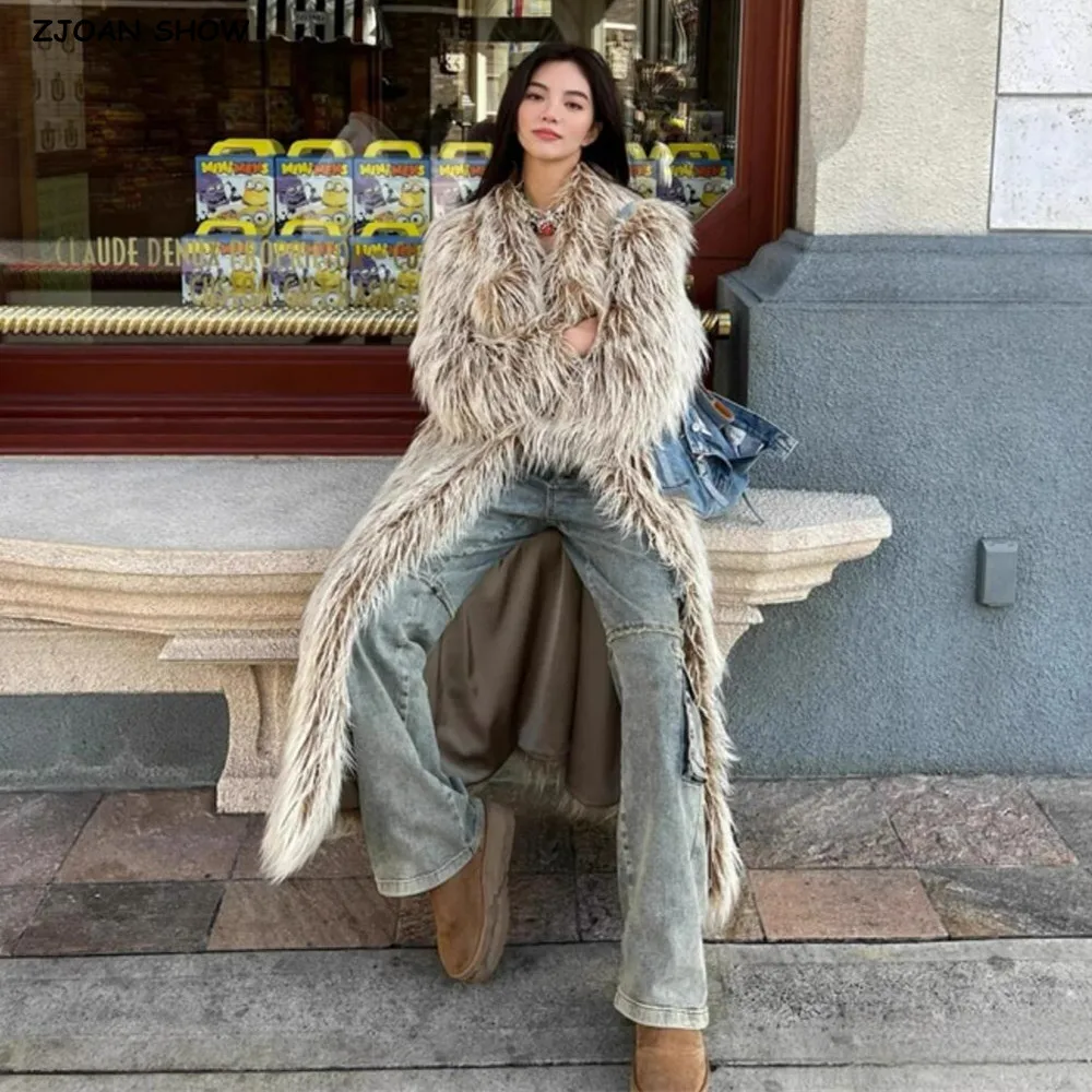 عالية الجودة الشتاء ضوء القهوة التدرج شعر فو الأغنام الفراء اضافية معطف طويل المرأة فضفاضة الدافئة أشعث سترة Vintage ملابس خارجية #1