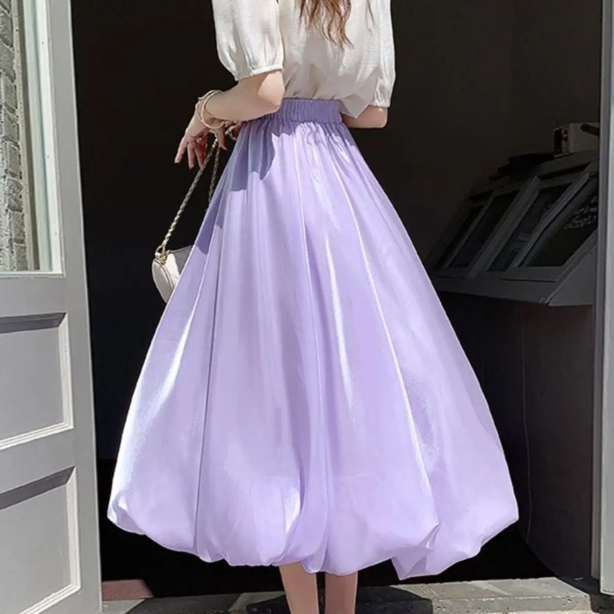 Summer and Autumn Slim Fit High Waist A-Line Skirt Design with Pearl Like Floral Bud Skirt Purple Half Skirt for Women