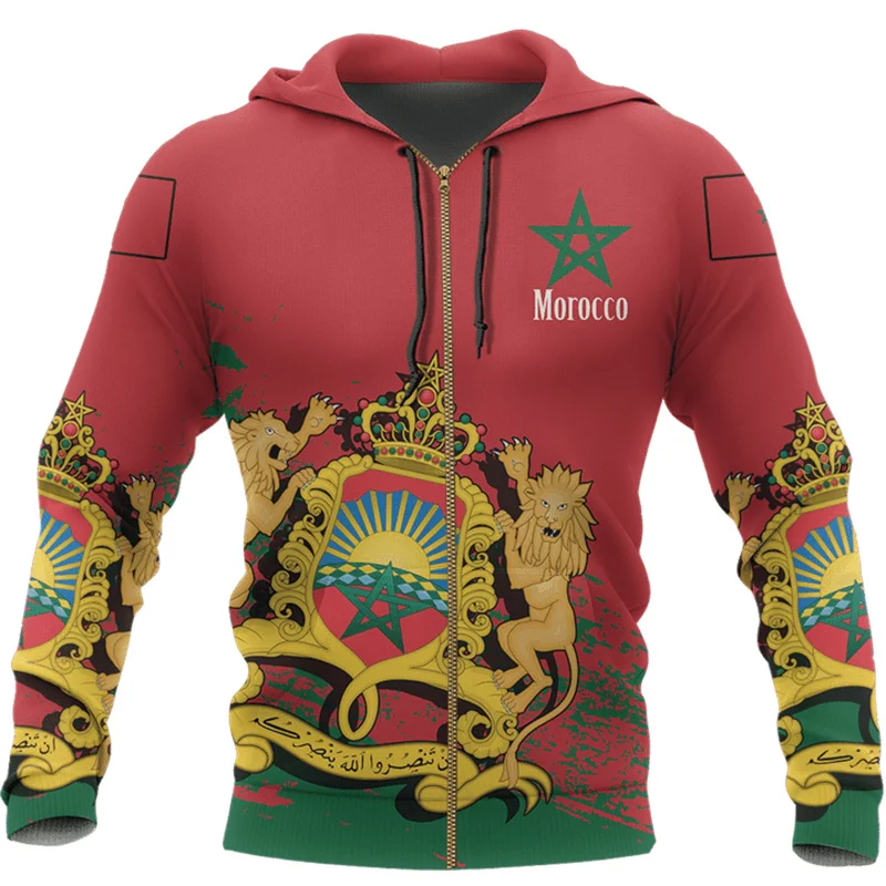 Morocco Coat Of Arms Lion Emblem Zip Up Hoodie Men 3D Print Moroccan Flag Zipper Sweatshirts Fashion Streetwear Hooded Pullovers