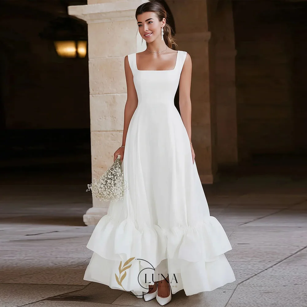 Luna Customized Ivory A Line Satin Tiered Maxi Engagement Dress with Ruffles Square Collar Sleeveless Bridal Prom Dresses