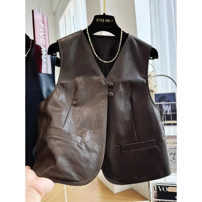 

Fashion Pu Leather Vest Women Spring Autumn New 2025 Loose Korean Sleeveless Casual Waistcoat Coats Female Leather Jacket Tops