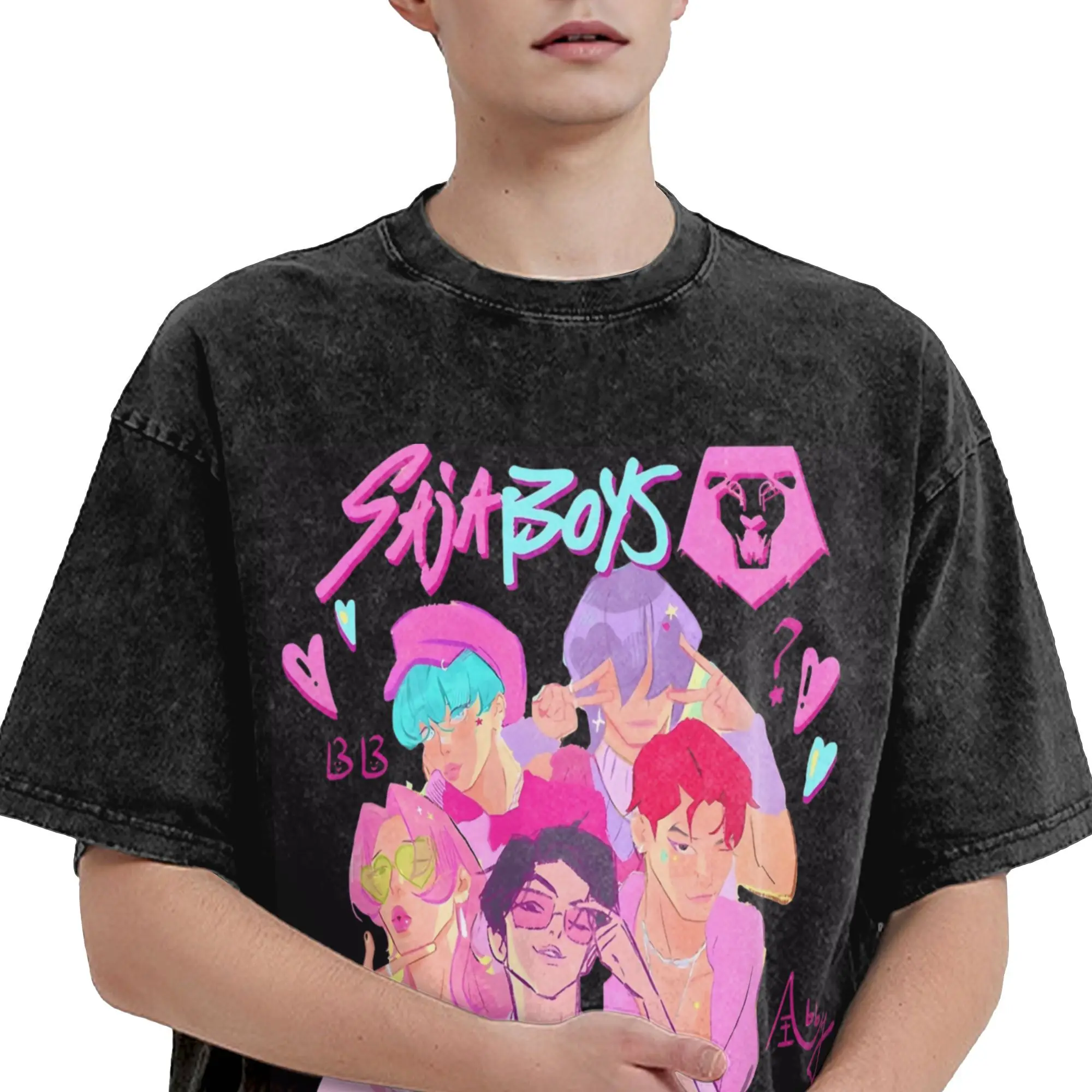 

Винтажные футболки KPop Demon Hunters, мужские футболки с круглым вырезом из 100% хлопка, стираная футболка Saja для мальчиков, футболки с короткими рукавами, летняя одежда