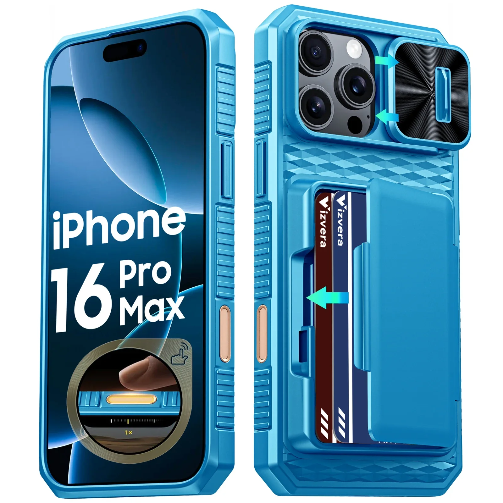 

Защитный чехол для iPhone 16 Pro Max, с защитой камеры, держателем для карт RFID, ударопрочный, синий
