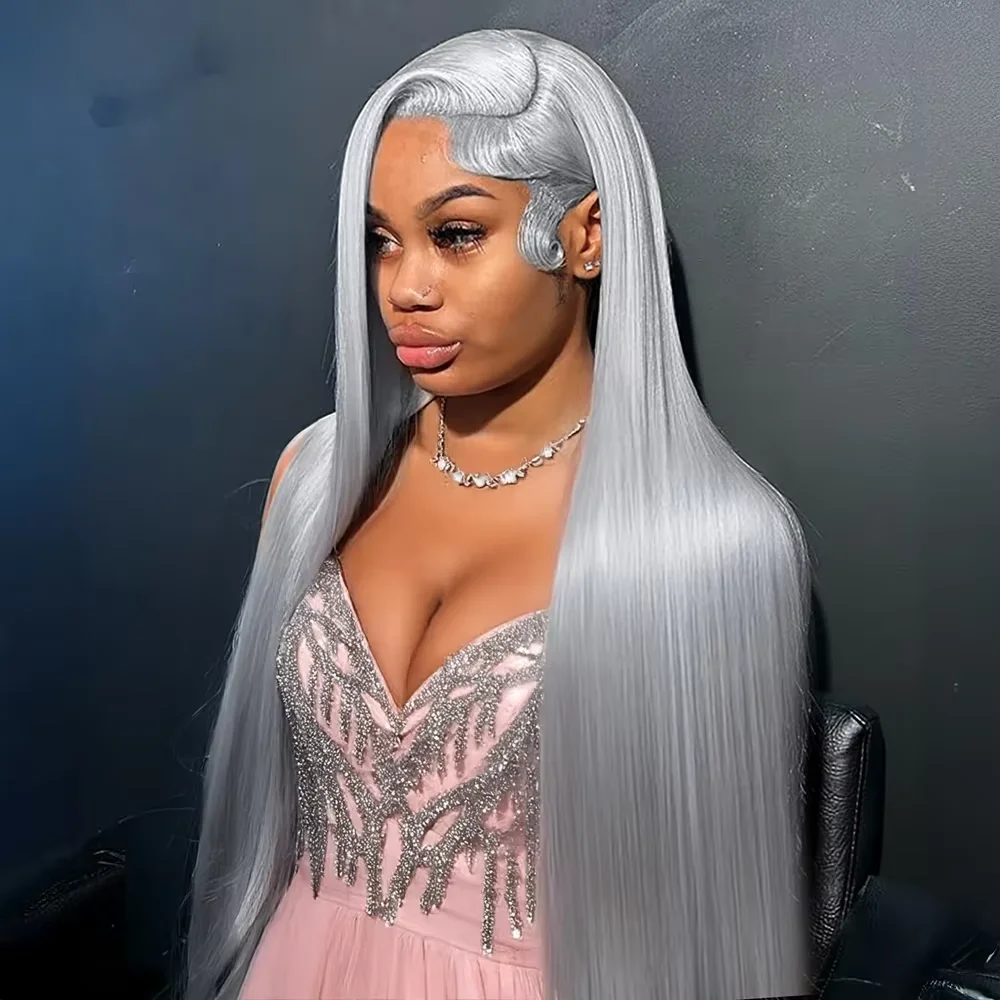 

Grey Straight Lace Front Human Hair Wigs Brazilian 30 38 Inch Sliver Gray Colored 13x4 HD Transparent Lace Frontal Pre Pucked Wig