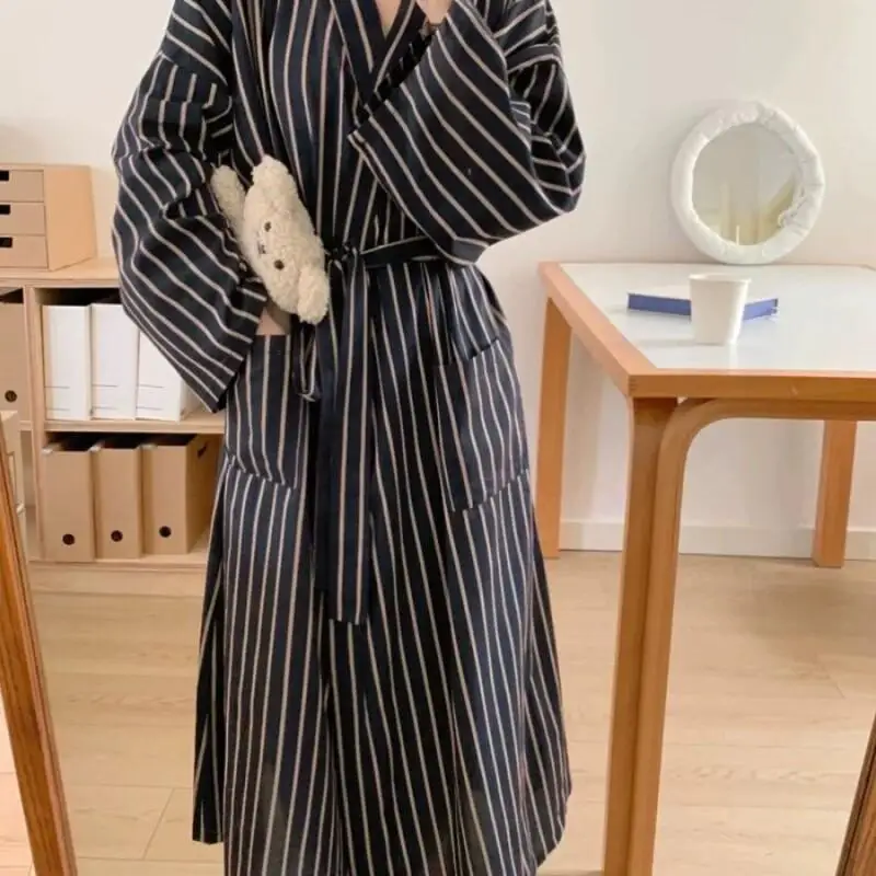 Women's Pajama Set Fashion Homewear Robe Kimono Cotton Loungewear Retro Striped Long Sleeve Loose Fitting New Style Large Size