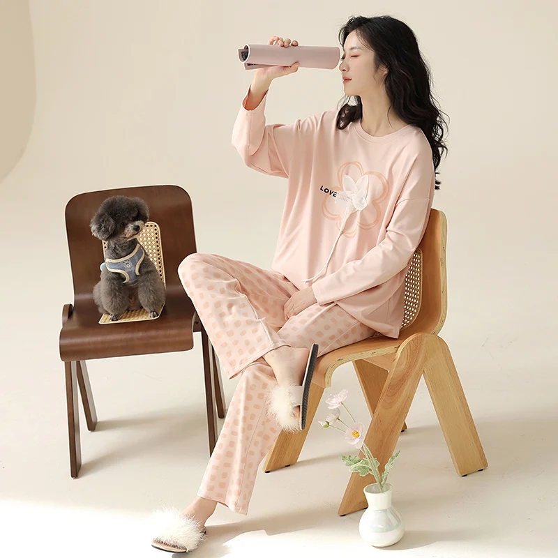 M-XXL New Spring and Autumn All Cotton Women's Pajamas Round Neck Pullover Chest 3D Flower Women's Autumn Casual Set