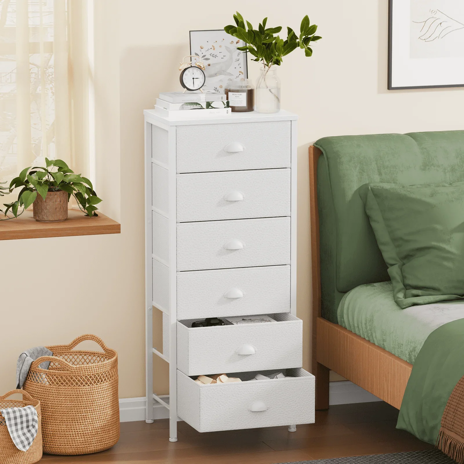 6-Drawer Tall Dresser Bedside Fabric Nightstand with Storage,for All Age,White