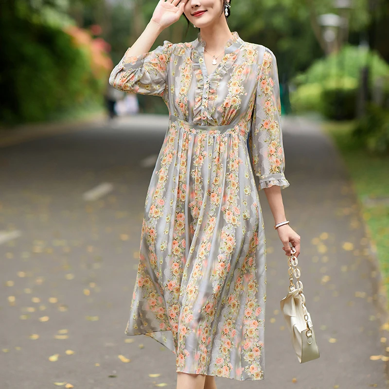 

Vintage Dresses For Women 2024 Summer Elegant V-neck Three Quarter Sleeve Women's Floral Print Dress 100% Real Silk Long Dress