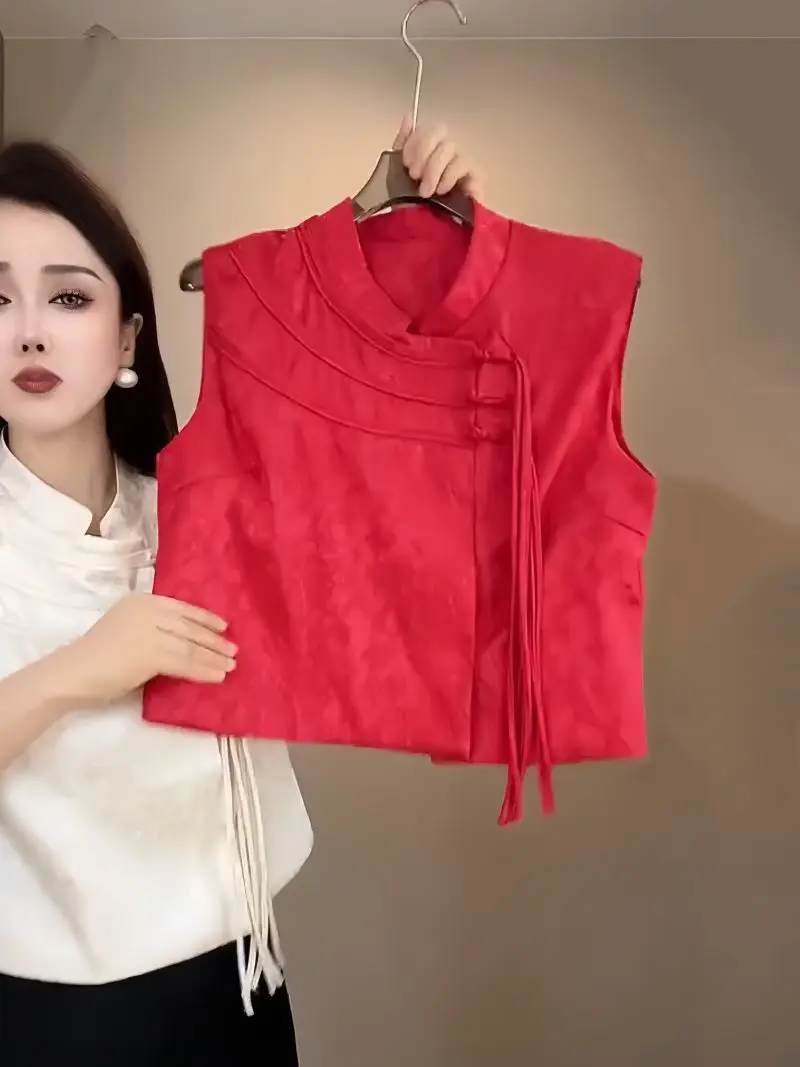 

Красный китайский женский жилет-топ нового летнего фасона для повседневной носки, из полиэфирного волокна, однотонный