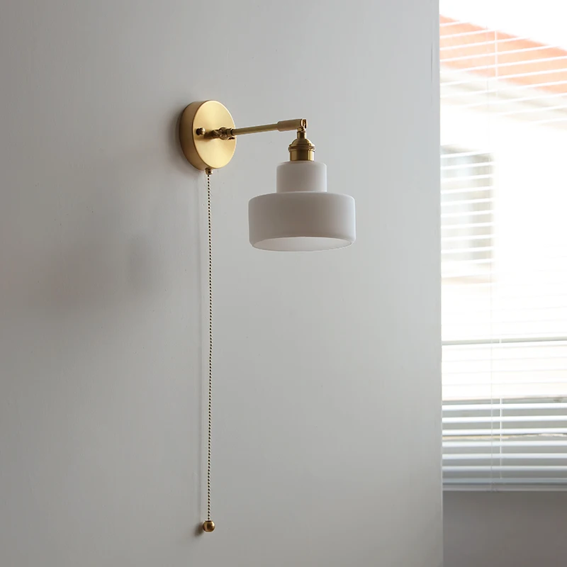 IWHD Simple Brass LED Wall Lamp Sconce Up Down Rotate Hallway Kitchen Pull Chain Switch Glass Nordic Modern Stair Light Fixture