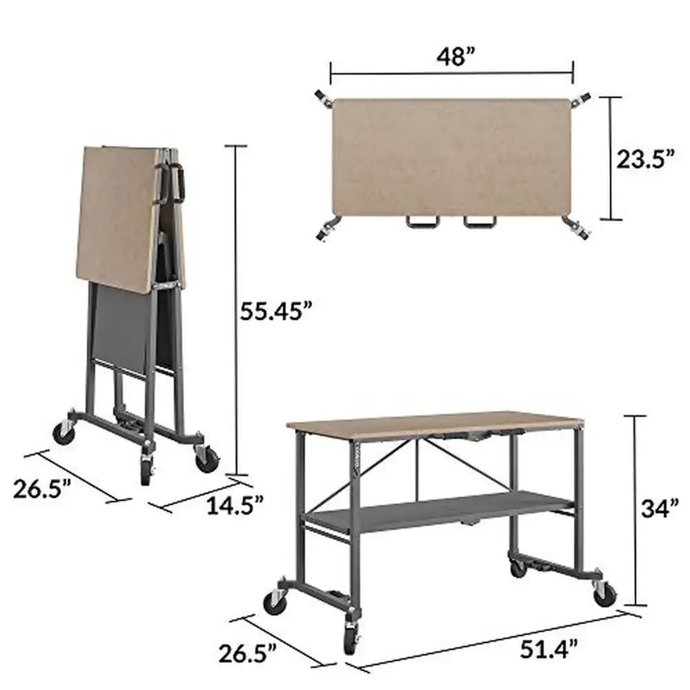 Banco da lavoro pieghevole Tavolo portatile in acciaio con rotelle di bloccaggio Capacità 350 libbre 48" x 23,5" Piano in MDF