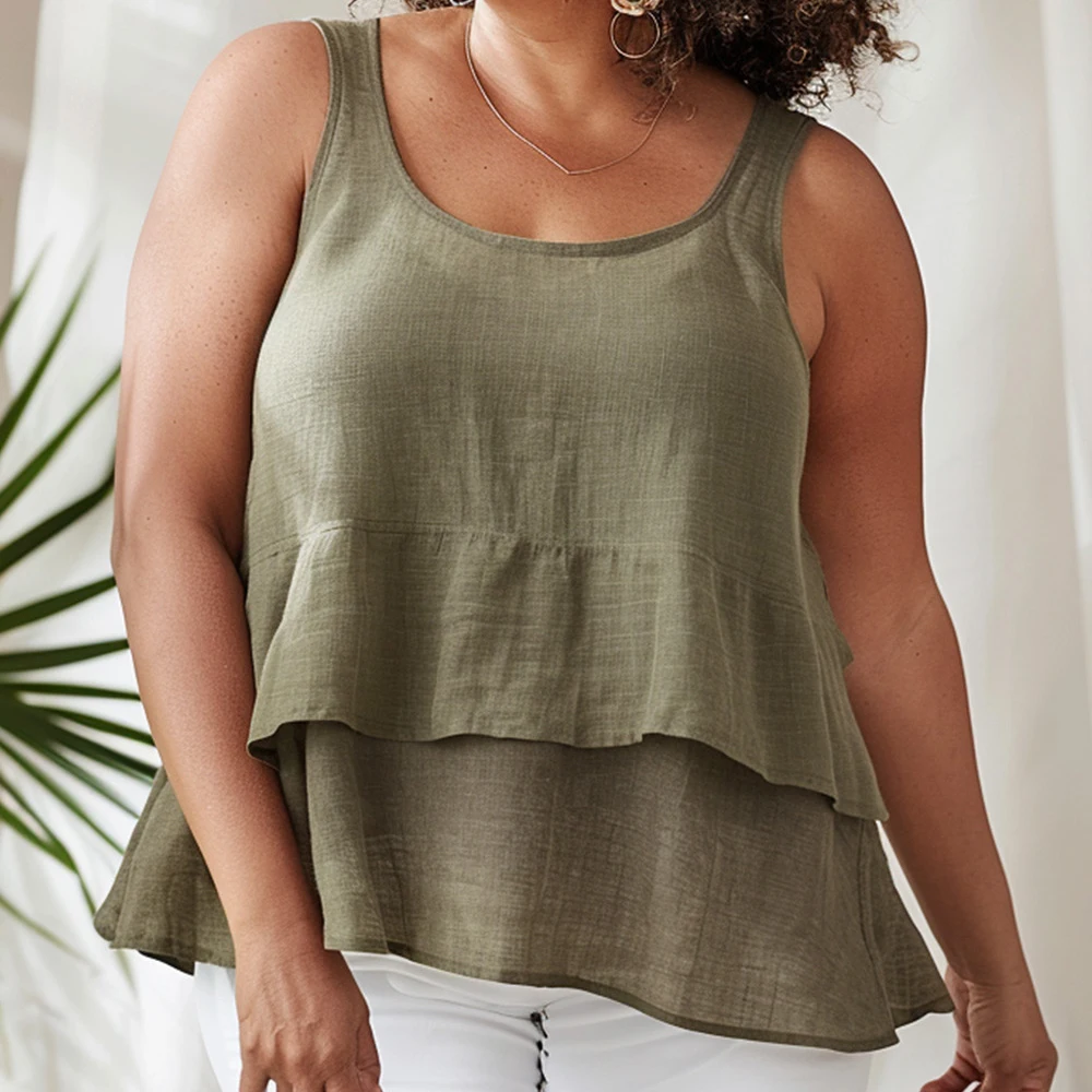 Plus Size estate Casual Matcha verde lino solido girocollo a strati canotta