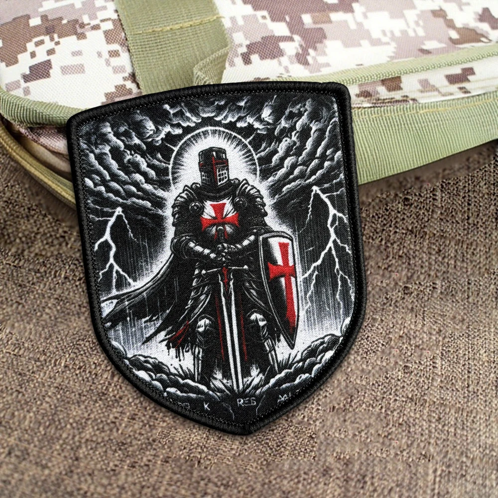 Templar Knight Printed Patch Red Cross Crusader Morale Badge Hook Loop Holy Warrior Lightning Storm Tactical Army Backpack Gear