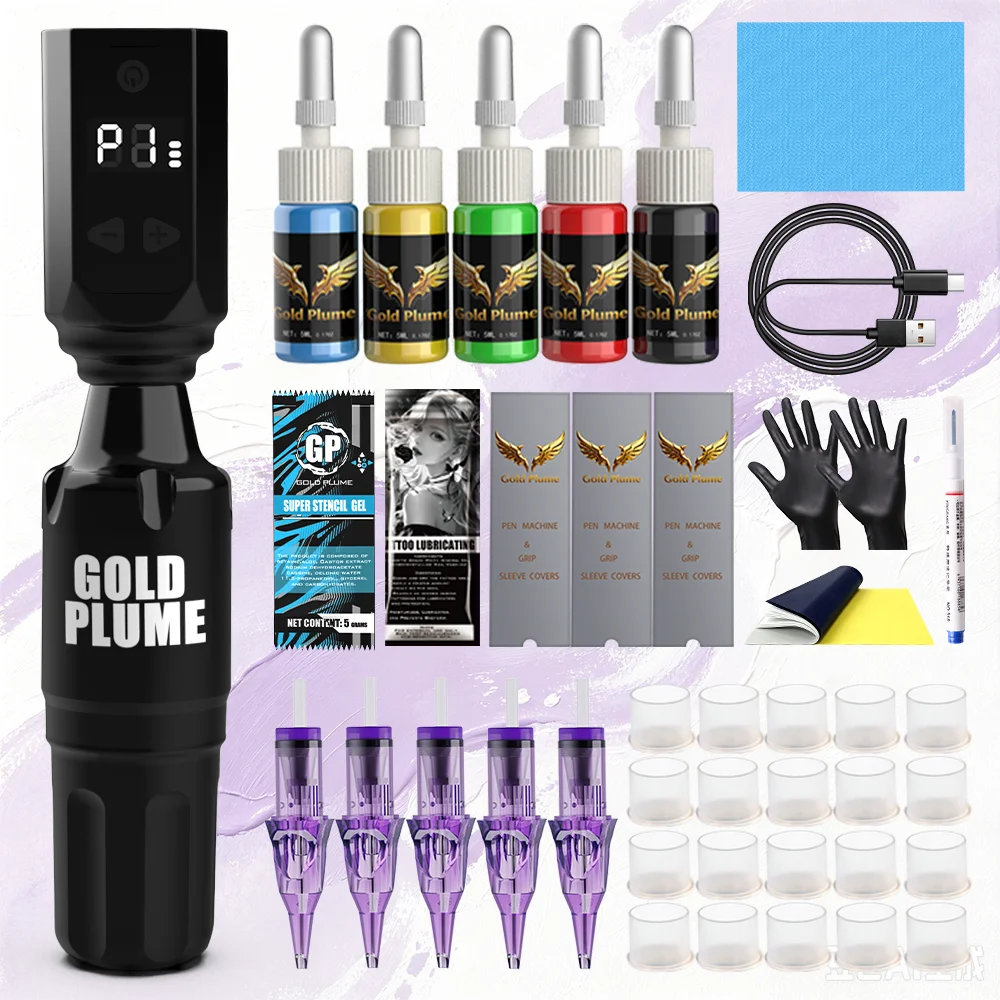 Gold Plume Wireless Rotary Tattoo Pen Kit, LED Digital Display Tattoo Machine, 5 Tattoo Inks, Cartridge Needles
