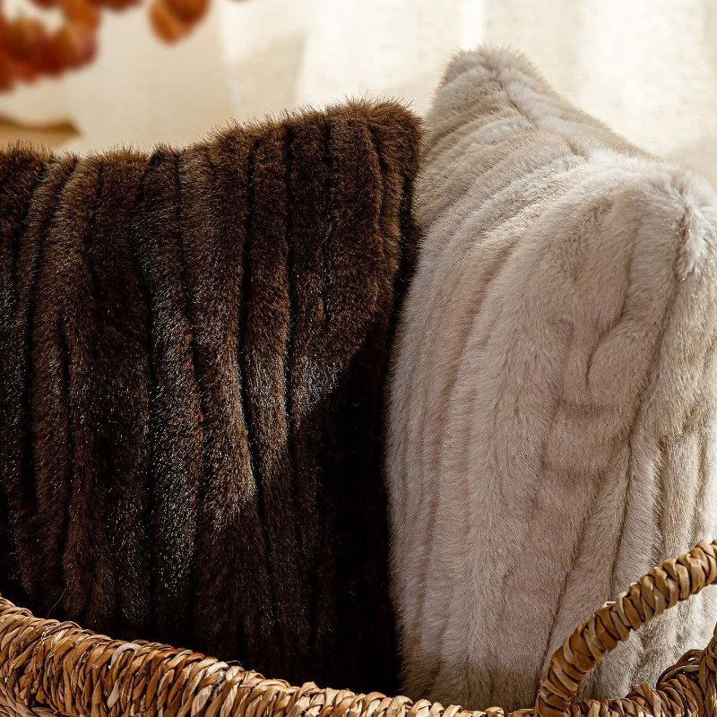 Precision Woven Plush Faux Mink Fur Cushion Covers Textured Beige Brown Throw Pillow Covers for Sofa Earth Tone Home Decor