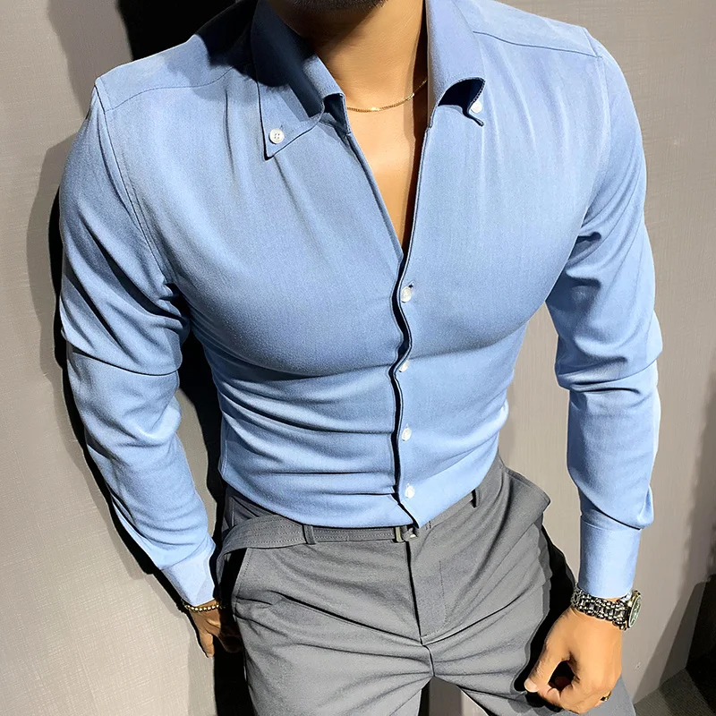 

Korean Long-sleeved Shirts Men Solid Color V-neck Casual Shirt Slim Business Formal Dress Clothing Social Party Streetwear