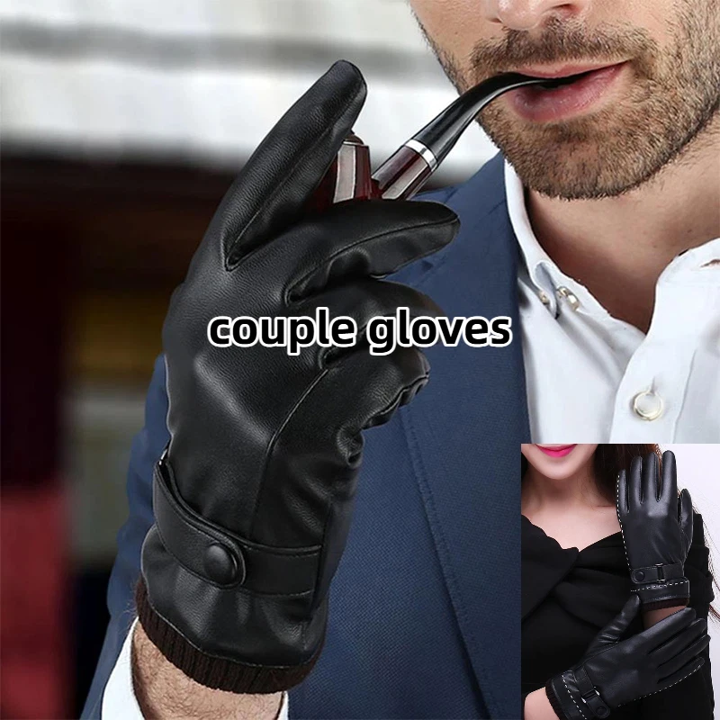 Sarung Tangan Kulit PU Hitam untuk Pasangan Sarung Tangan Tanpa Jari Tahan Angin dan Hangat Musim Dingin Sarung Tangan Bersepeda Luar Ruangan Hadiah Sarung Tangan Wanita Pria