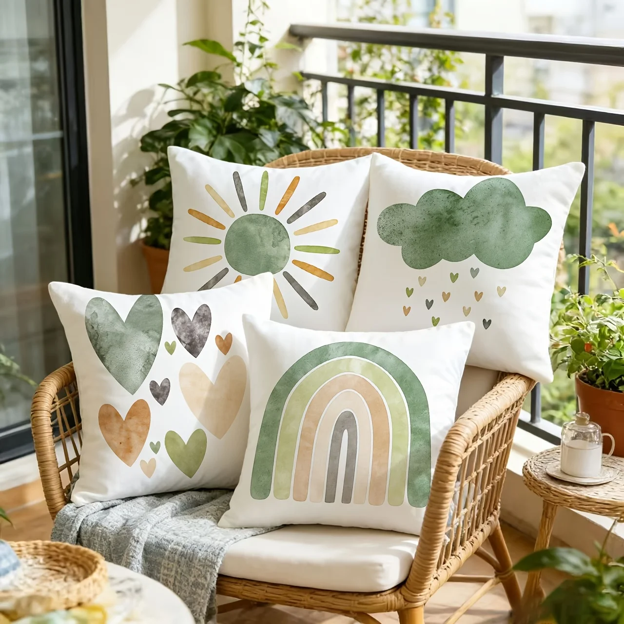 4Pcs Double‑Sided Watercolor Rainbow Pillow Covers, Earthy Sage Tone Cloud Heart‑Shaped Sun Print Cushion Cases
