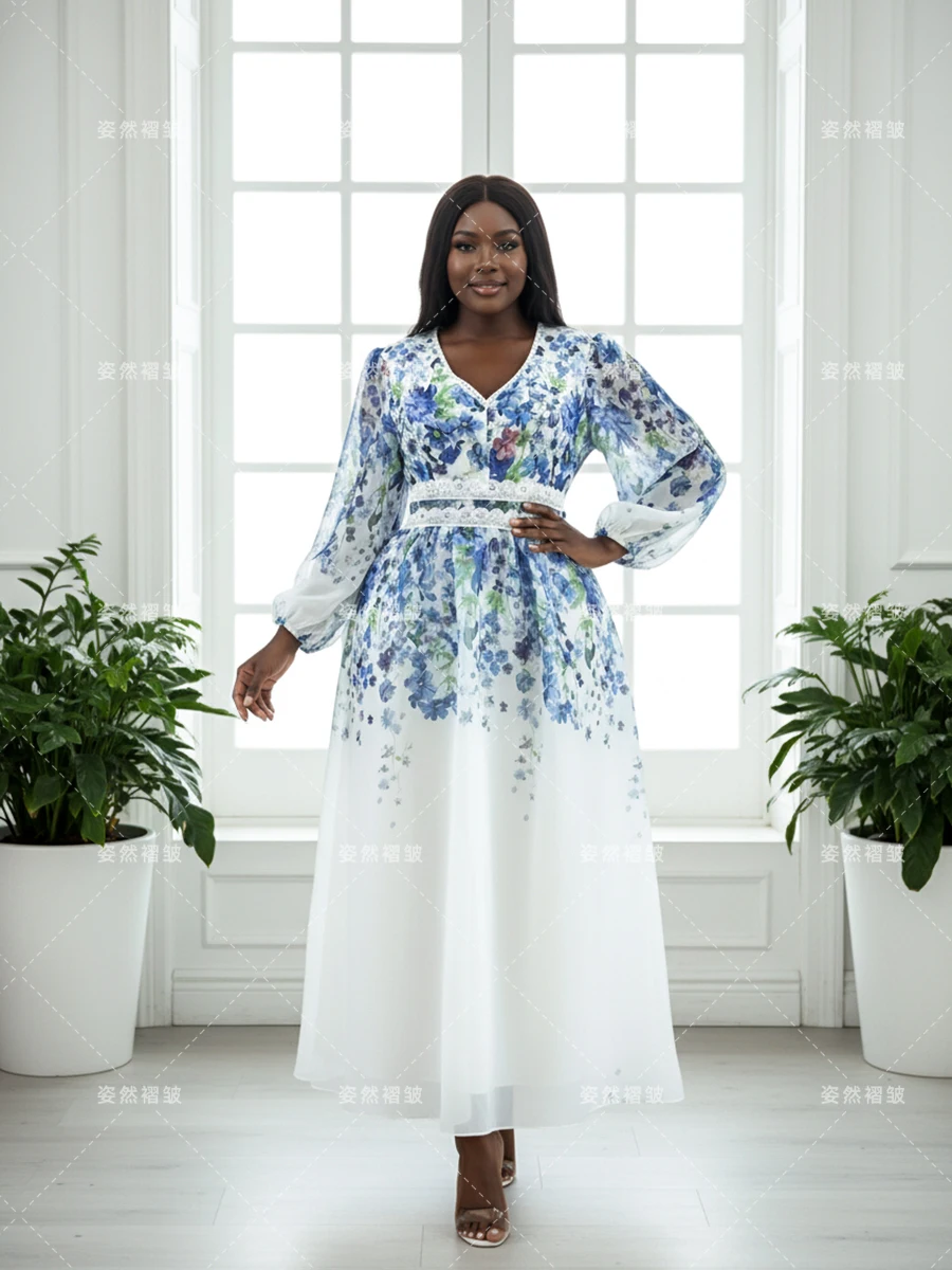 Plus Size Floral Print Tulle Dress Royal Blue V-Neck Long Sleeve Midi Dress Mesh Swing Skirt Clothing Date Night Church Evening