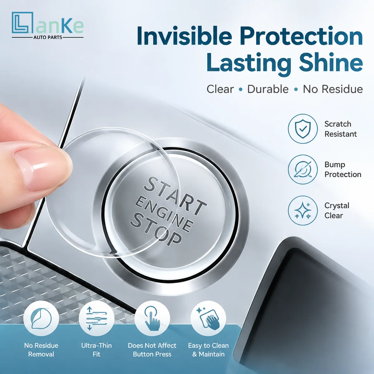 Lanke Transparent Car Push Start Button Protector Film Clear Gel Sticker Scratch Guard for Interior Ignition Switch Trim