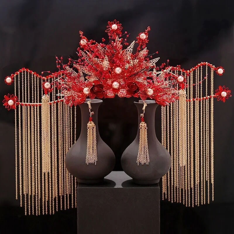 Vintage Hair Crown Women Chinese Traditional Jewelry Headdress Women Hanfu Crown Earrings Set Bridal Wedding Hair Accessories image 2