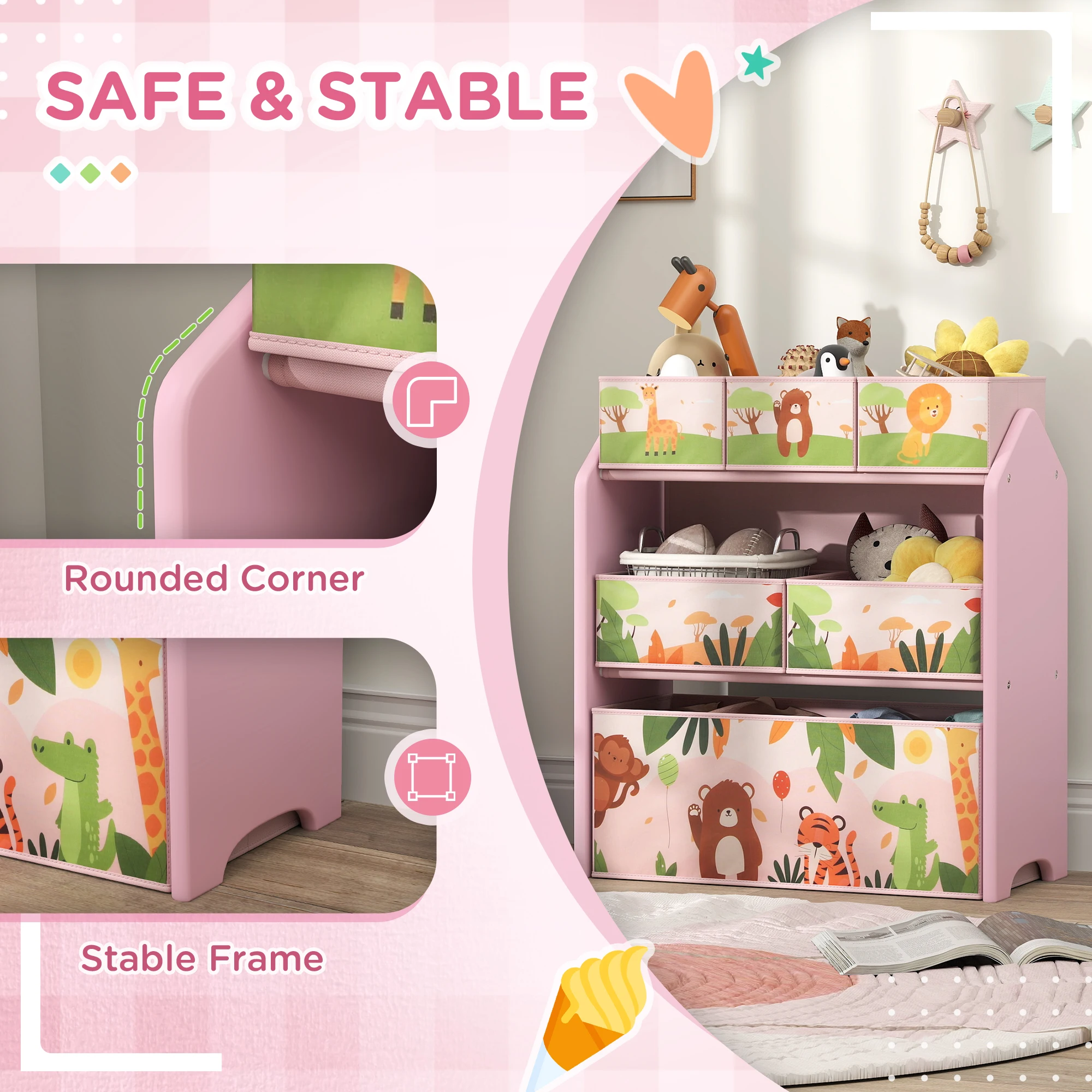 AIYAPLAY Kids Storage Unit, 3-Tier Toy Organiser Shelf with 6 Removable Storage Boxes, for Playroom, Bedroom Nursery, Pink