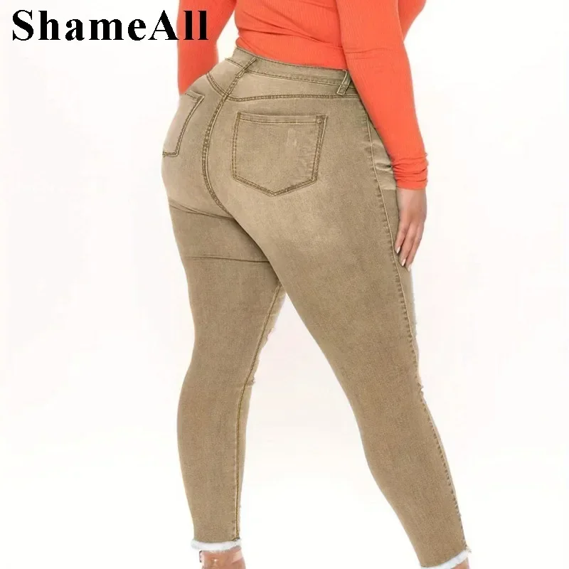 Woman Plus Size Vintage Raw Hem Khaki Jeans Femme 5XL Women Slim Denim Pencil Pants Women Clothing Pluz Feminino Mujer