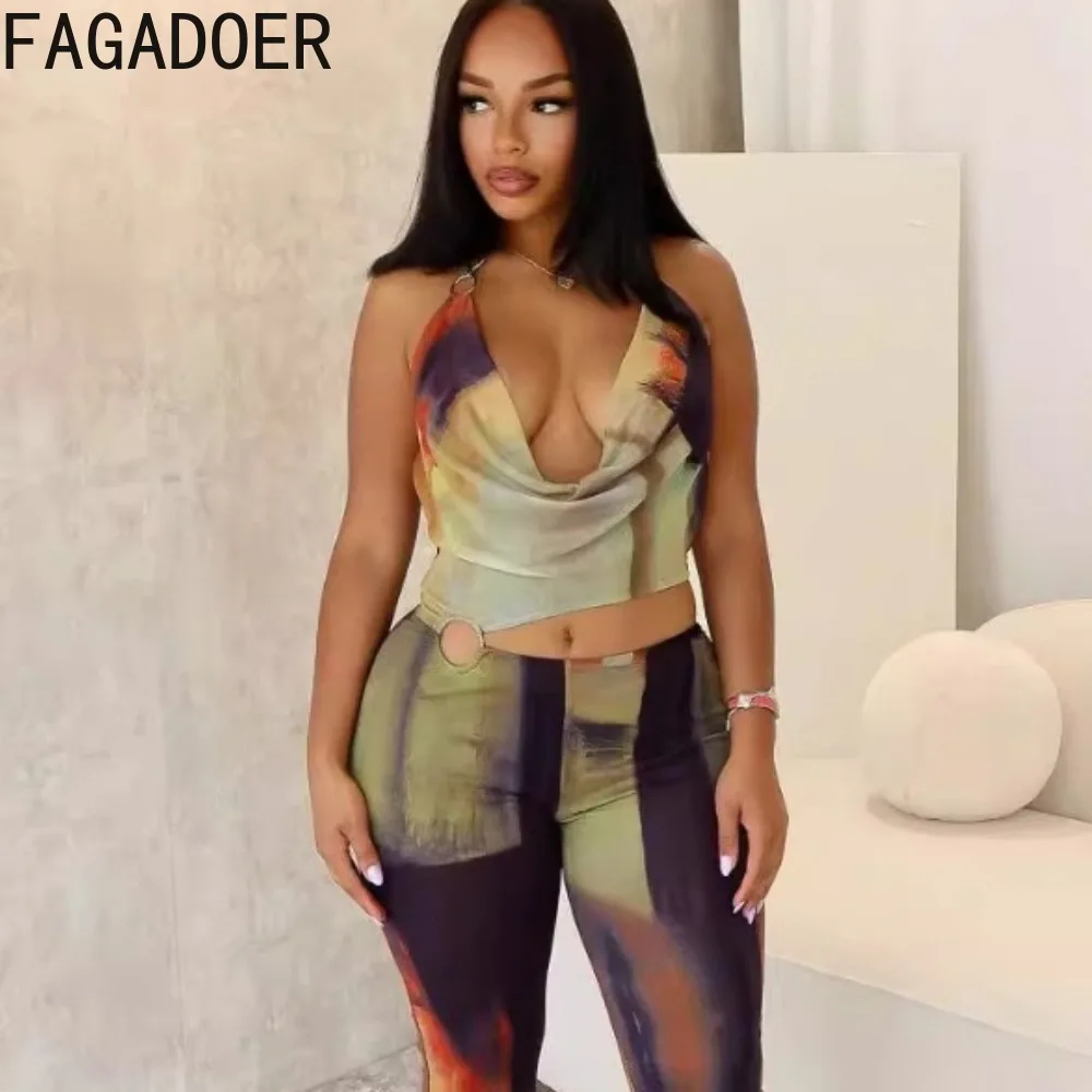 FAGADOER Fashion Tie Dye Print Mesh Hollow Out Jumpsuits Women V Neck Halter Lace Up Backless Slim Playsuits Sexy Female Overall