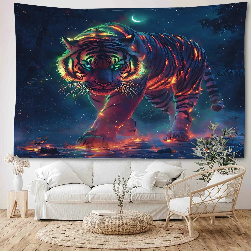 

Psychedelic tiger white tiger decorative tapestry, tiger standing on the mountaintop patrolling the territory decorative tapestr
