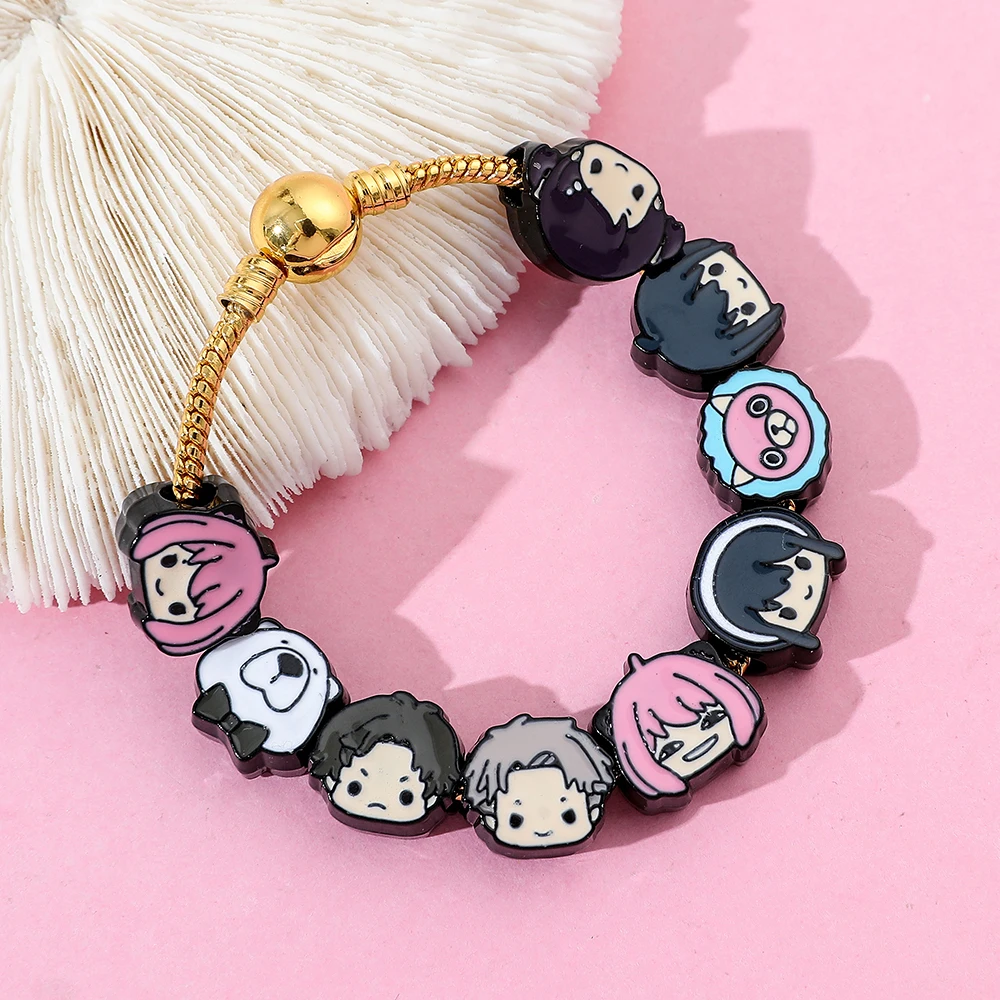 Fashion Anya Forger DIY Bracelet, Zinc Alloy Cartoon Enamel Beads, Gold‑Plated Adjustable Chain for Anime Party Cosplay Jewelry view 2