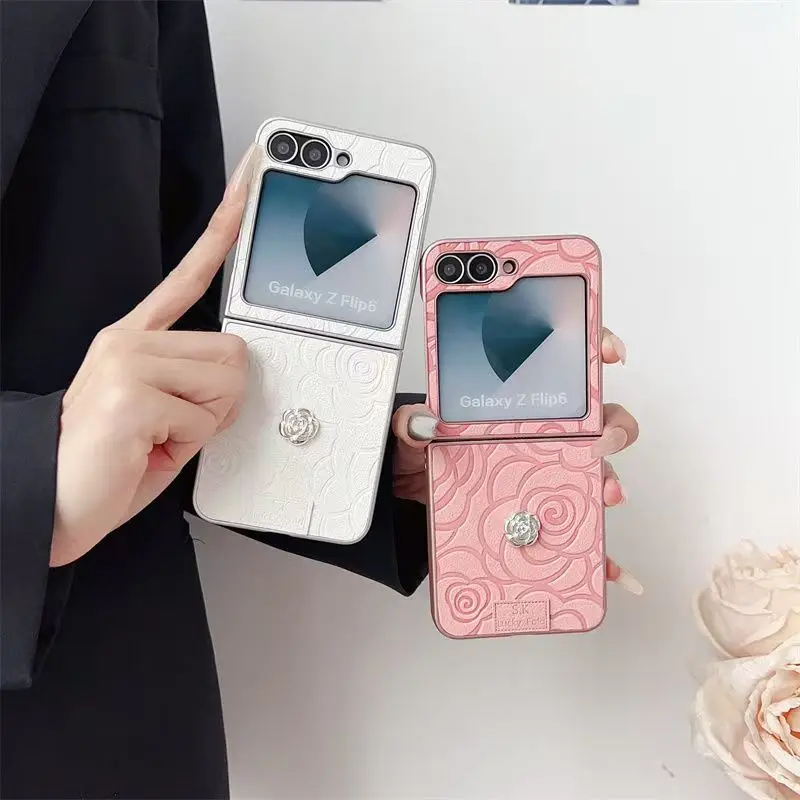 

Luxury Korean Camellia Flower Phone Case for Samsung Galaxy Z Flip 6 Z Flip 5 ZFlip 4 ZFlip 3 Shockproof Cover