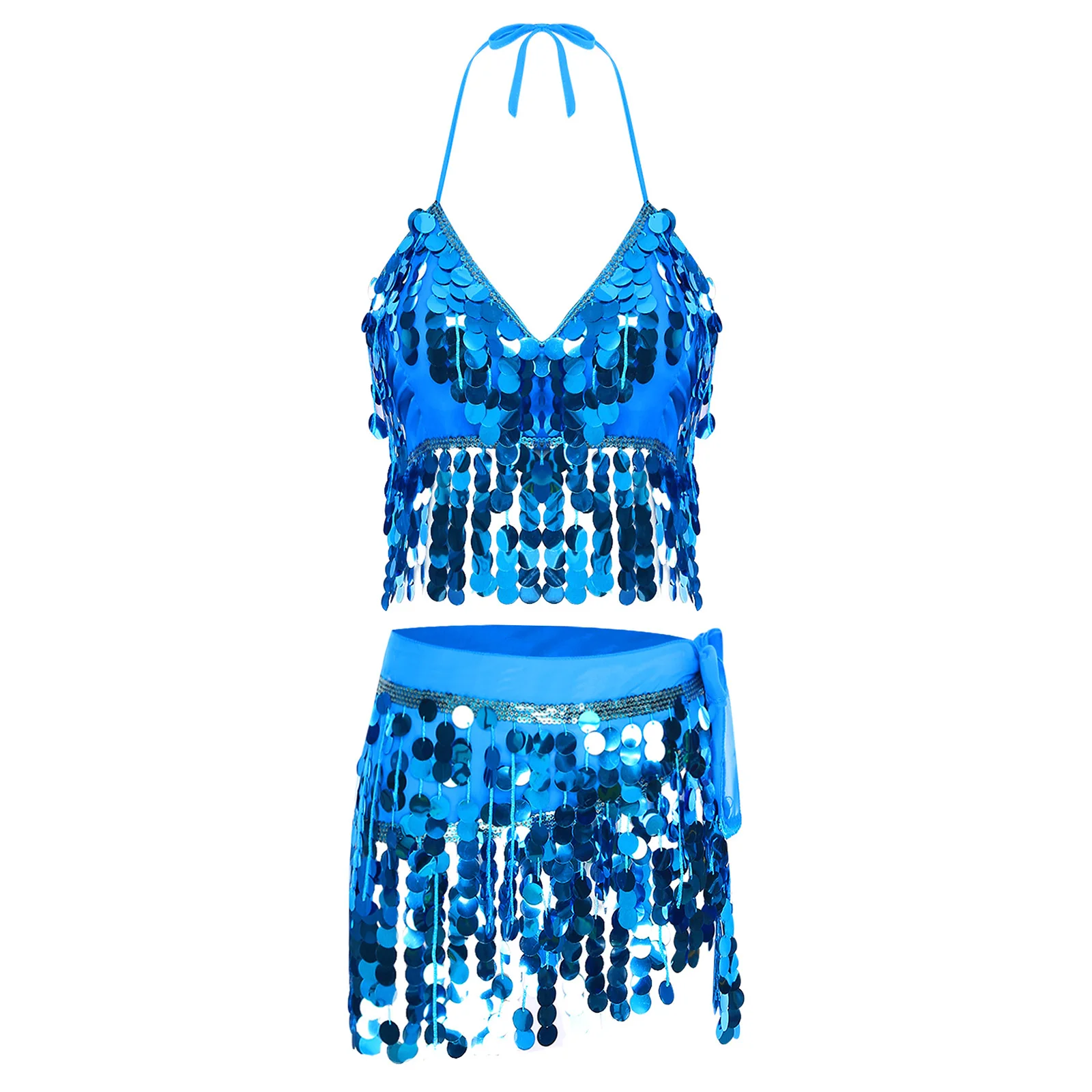 

Luxury Cabaret Belly Dance Set Metallic Sequin Padded Top + Fringe Skirt Chain Belt Two Piece Bellydancer Costume for Women