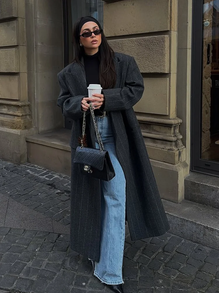 

Chic Striped Wide Shoulder Coat For Women Loose Fit Overcoat V-neck Lapel Button Casual Jacket Ladies Comfortable Fall Outerwear