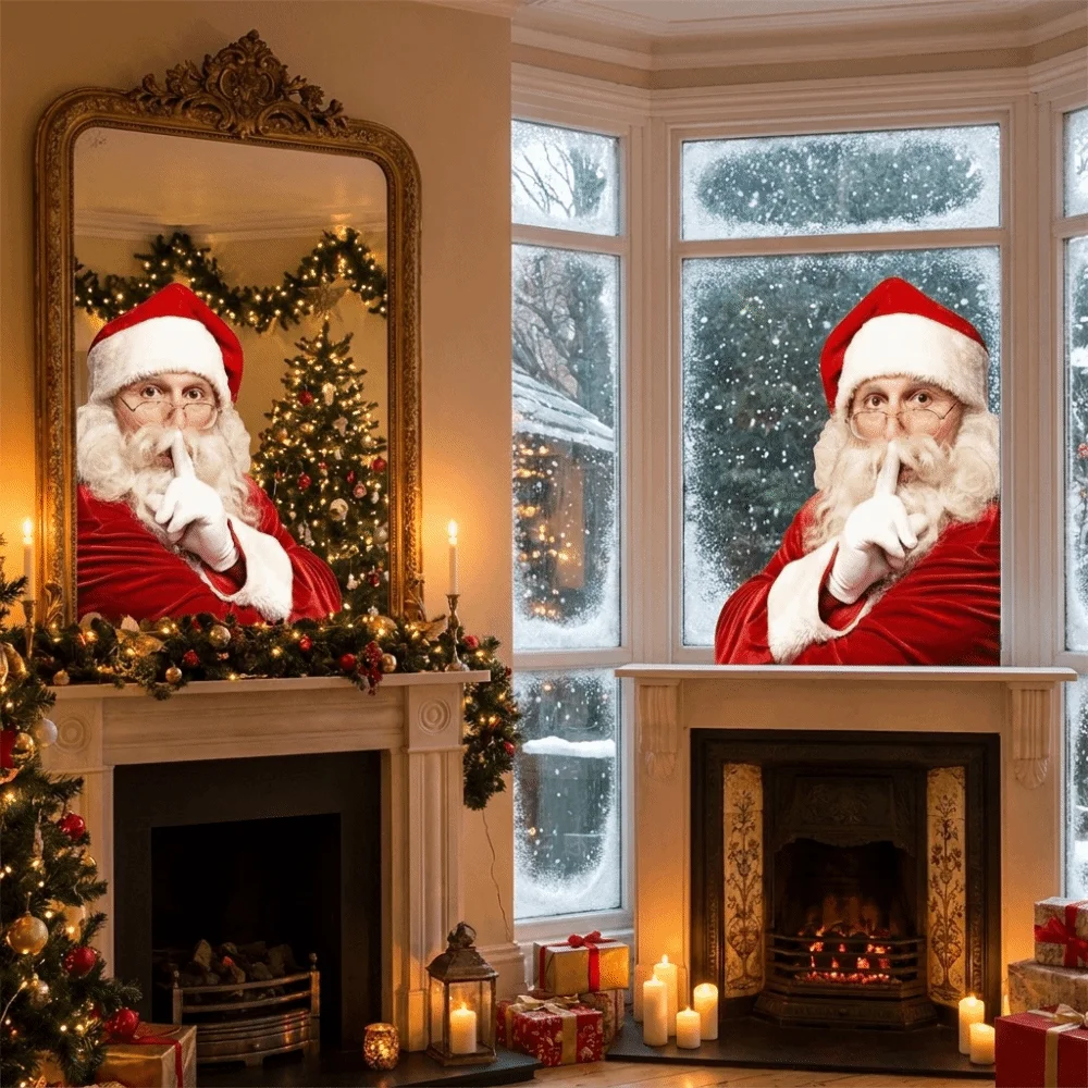 2D Flat Static Cling Window Sticker Double-Sided Visible No Residue Peeking Santa Claus Realistic Print Reusable Mirror Cling