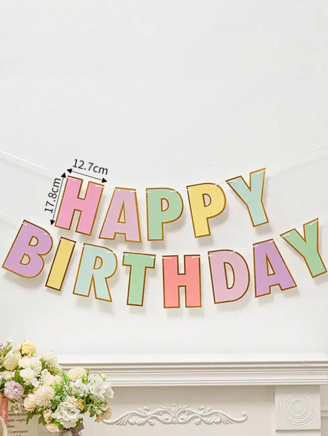 1Set Pastel Letter Birthday Banner, Gold Shiny Edges, Happy Birthday Bunting Flags, Party Decor, Reusable, Party Background, Wal