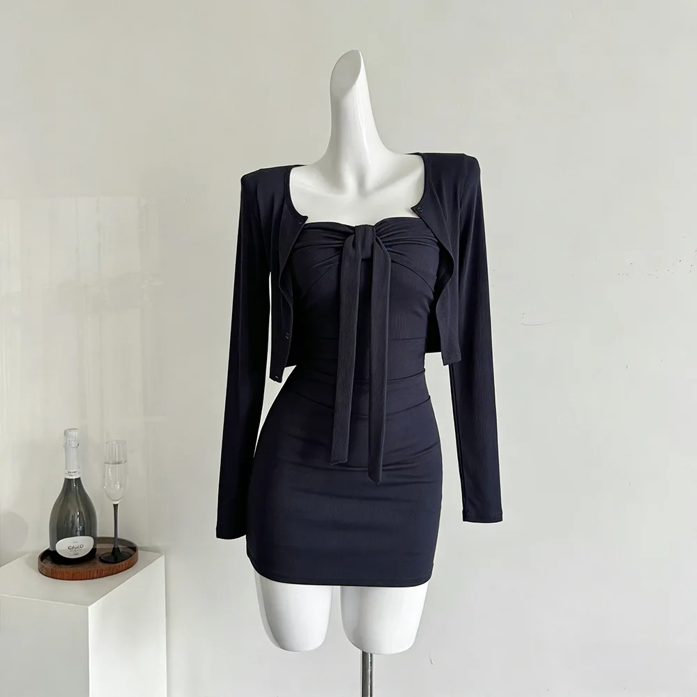Stylish Skin-tight Blue Sweater And Skirt Set for Women Trendy Sexy White-skinned Beautiful Dyeing Custom-fit Casual Sportswear