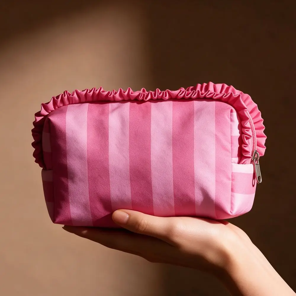 Portable Large Capacity Cosmetic Bag Ruffle Striped Makeup Organizer Zip Top Flat Bottom Toiletry Pouch Daily Use