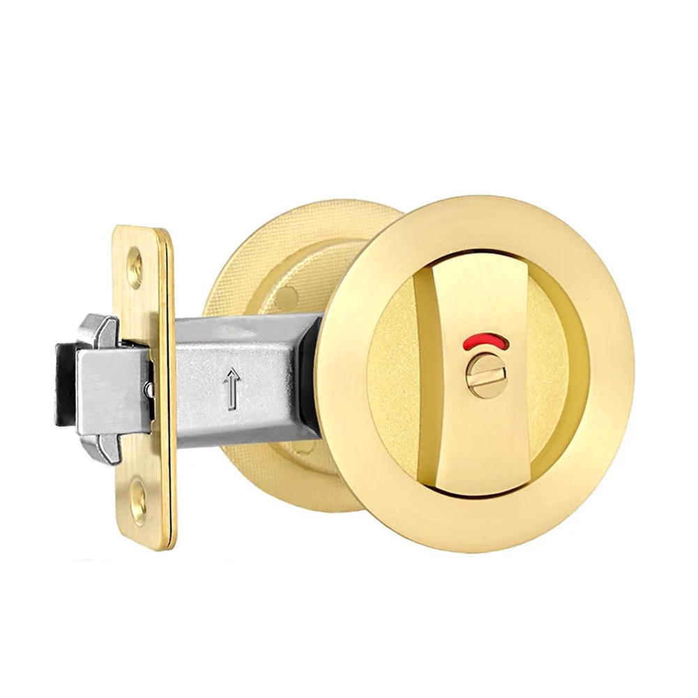 Contemporary Privacy Square Pocket Door Lock Gold Color Indicators Suitable for Left or Right handed Doors Easy Installation