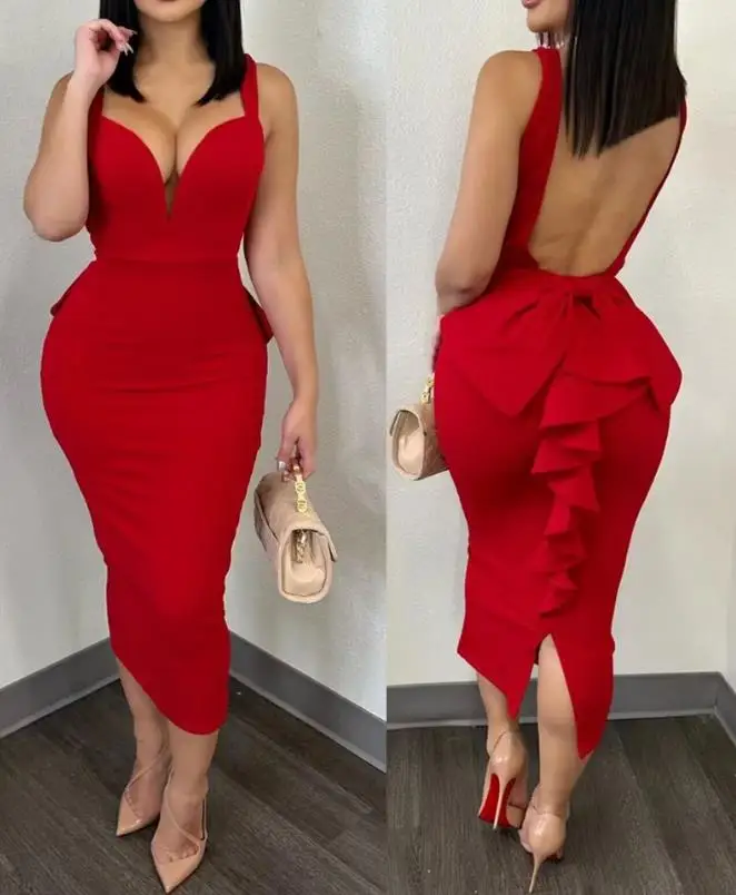 Women's Elegant Dress 2024 Summer Latest Chic Sexy Plunge Ruffle Hem Backless Party Dress Sleeveless Skinny Mid Calf Maxi Skirt