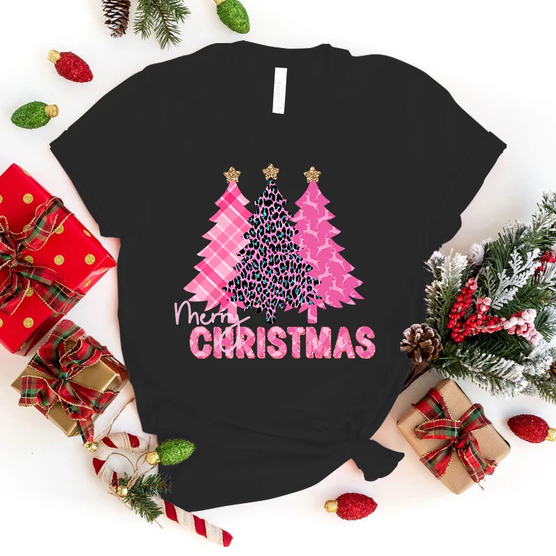 

(Premium T-shirt)Funny Merry Christmas Tree Print T-Shrits For Women Summer Short Sleeve Round Neck Cute Loose T-Shirt tops