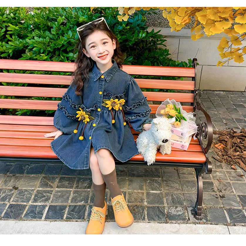 

Girls Princess Denim Dress Spring Autumn Clothes New Retro Style Cowboy Dress Kids Polo Collar Long Sleeve Pleated A-line Skirt