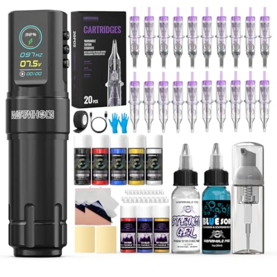 

Беспроводной тату-аппарат с аккумулятором 1800 мАч, режимом быстрого запуска, таймером и функцией памяти. Полный комплект для татуировок.