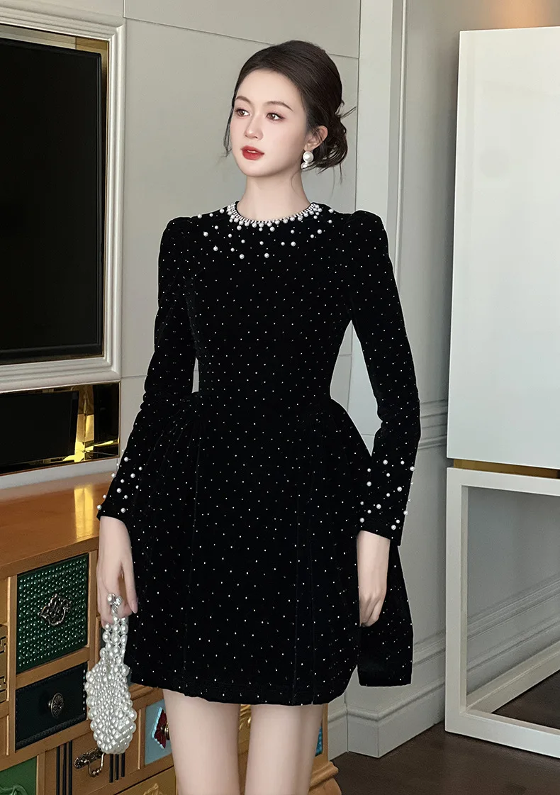 

High Quality Diamond Mini Dresses Spring Women Back Zipper Nail Bead Hot Stamping Dress Autumn High Waist Solid Slim Short Dress